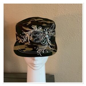Camouflage Cap with Rhinestone Dragonfly